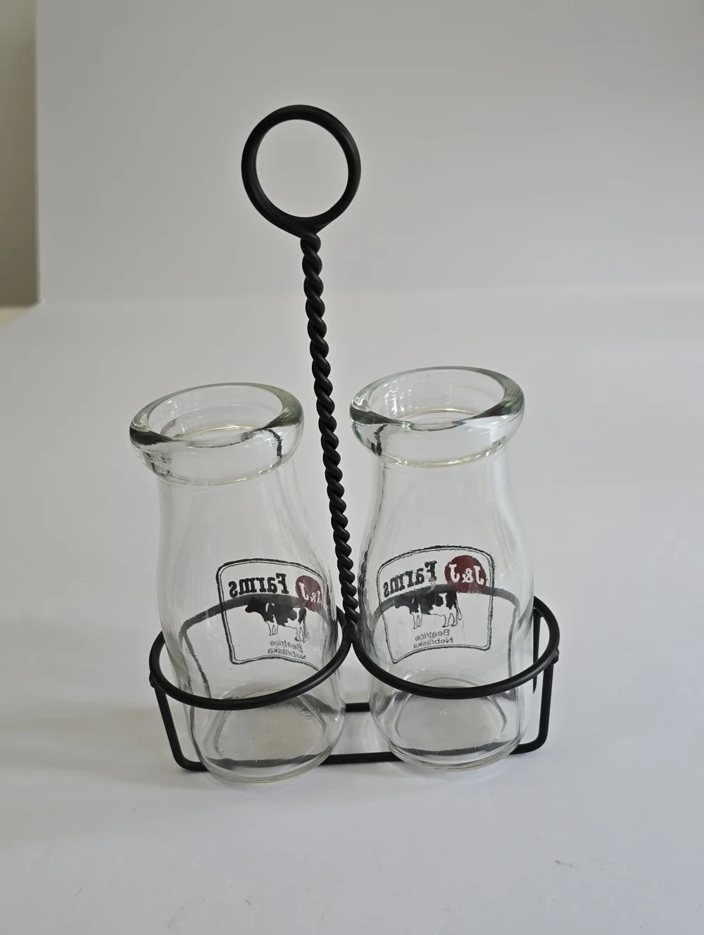 Vintage J&J Farms Set Of 2 Milk Glass Bottle Set With Metal Caddy Beatrice NE